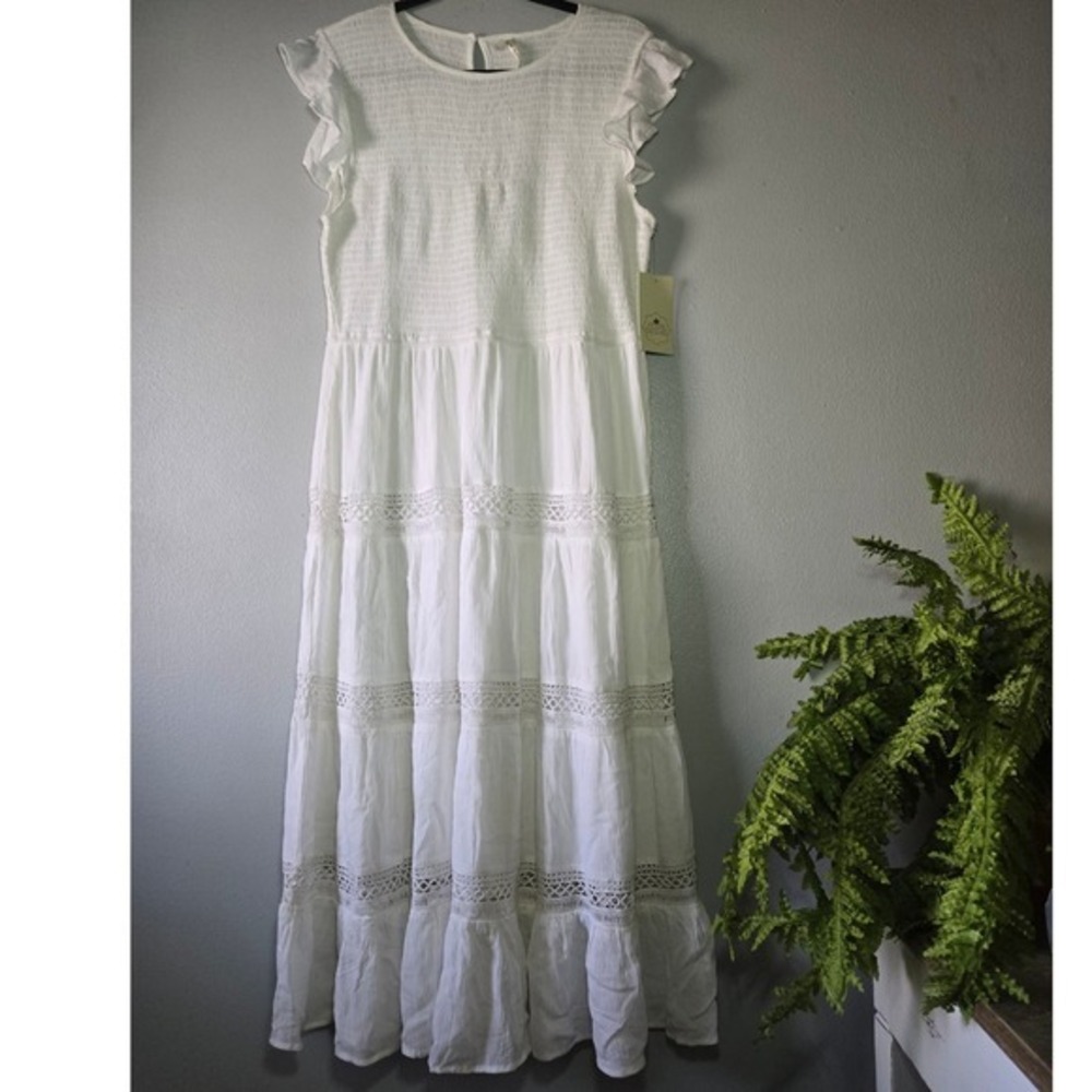 Moon Orchid NWT White Cottagecore Maxi Dress XL Tiered Lace Boho Bridal‎ Beach